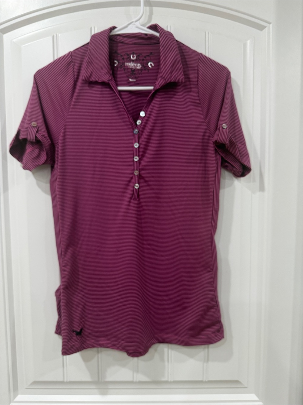 Women’s Burgundy and Black Striped Short-Sleeve Riding Equestrian Polo